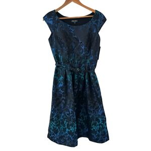 Signature By Sangria Dress 8 Blue Floral Burnout Jacquard Fit Flare Retro Formal